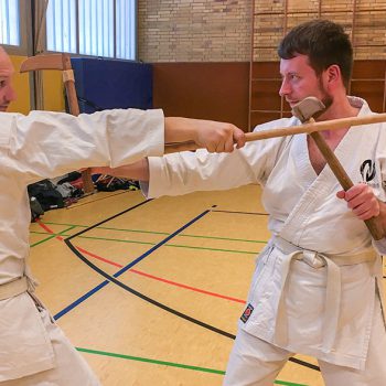 Mathias und Patrick beim Üben mit der Kobudo Waffe Kama und dem Bo.