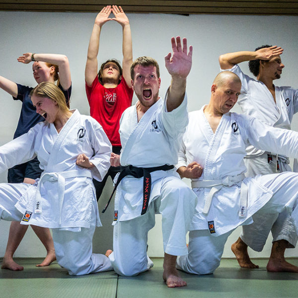 Mehrere Personen posieren für ein lustiges Foto nach dem letzten Karate Training des Jahres.