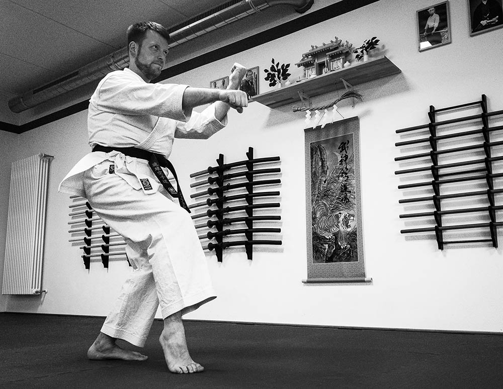 Karatelehrer demonstriert eine Technik aus einer Kata in einem Kampfsport Dojo.